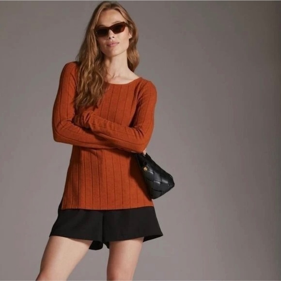 Anthropologie Sweaters - Anthropologie Women's Ribbed Side Slit Tunic Sweater Burnt Orange Stretch  Large